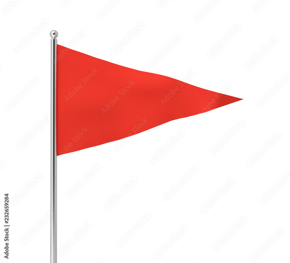 Fototapete 3d rendering of a single red triangular flag hanging on a post on a white background.