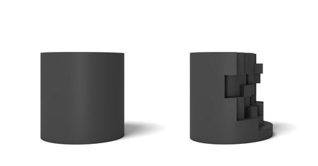 3d rendering of two isolated black cylinder one perfect and whole and another half broken.