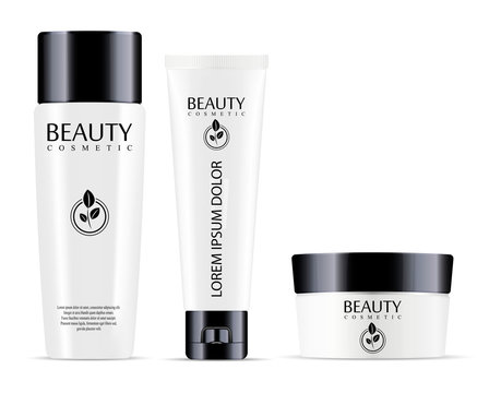 Cosmetic bottle for shampoo and jar with tube for cream, ointment, powder, salt. Realistic mockup package of cometics. Vector set with sample logo and label design.