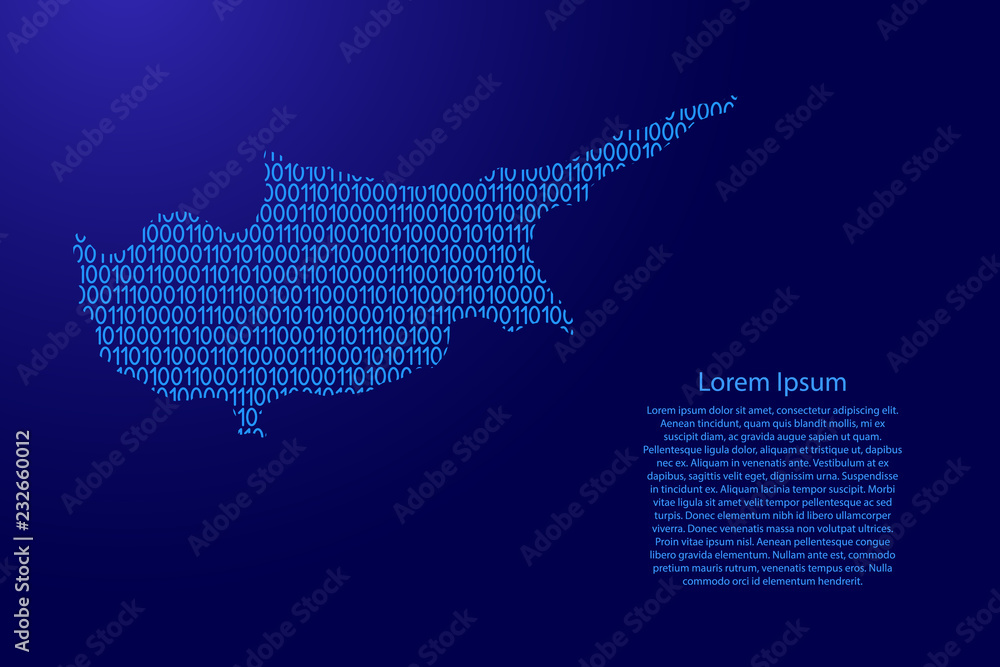 Fototapete cyprus map abstract schematic from blue ones and zeros binary digital code with space stars for bann