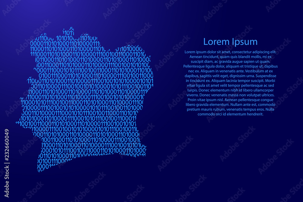 Fototapete ivory coast map abstract schematic from blue ones and zeros binary digital code with space stars for