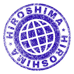 HIROSHIMA stamp imprint with grunge texture. Blue vector rubber seal imprint of HIROSHIMA title with scratched texture. Seal has words placed by circle and planet symbol.