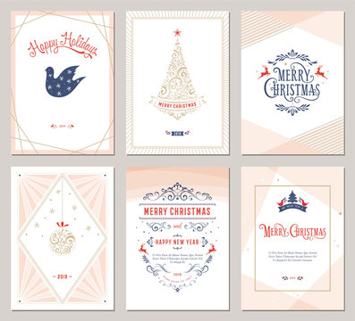Elegant vertical winter holidays greeting cards with New Year tree, dove, reindeers, Christmas ornaments and ornate typographic design. Vector illustration.