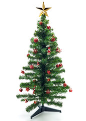 Christmas fir tree with colorful lights and decorations.