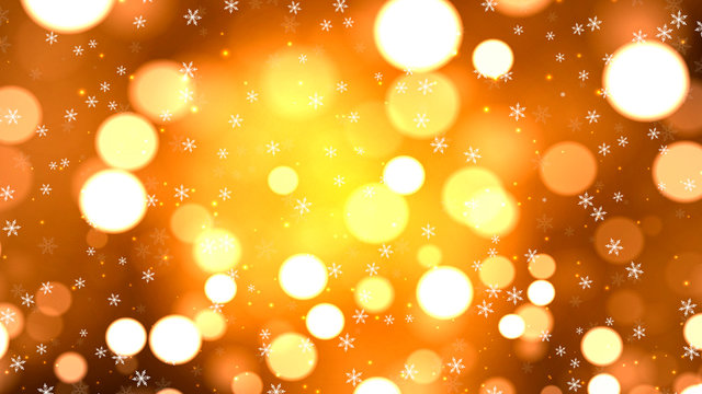 Festive magical abstract golden bokeh background with snowflakes