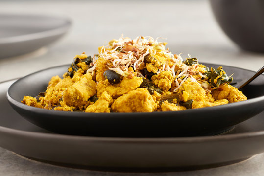 Scrambled Tofu on Black Plate