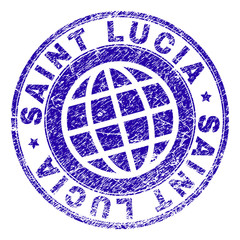 SAINT LUCIA stamp imprint with grunge texture. Blue vector rubber seal imprint of SAINT LUCIA caption with dirty texture. Seal has words placed by circle and planet symbol.