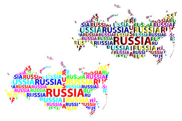 Sketch Russia letter text map, Russian Federation - in the shape of the continent, Map Russia - color vector illustration