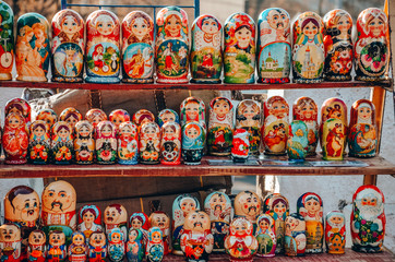 Russian folk art. Symbol of Russian nesting dolls. Nesting dolls sold on the streets