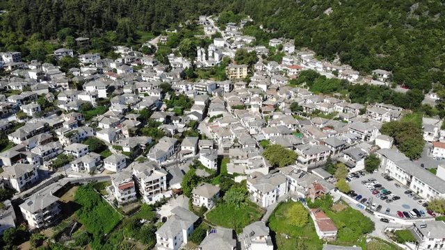 Panagia Village in the center of Thasos Island or Thassos, Greece aerial video footage shot using a drone in the summer