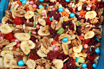 Raisins. Dried fruits. Nuts. Dried food and nuts on the market stall. Dry fruits on the market.