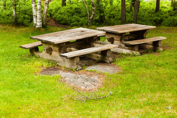 Fototapeta na wymiar Camp site with picnic table in norwegian park