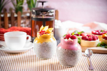 Fototapeta na wymiar pudding kinoa with fruit puree. quinoa pudding