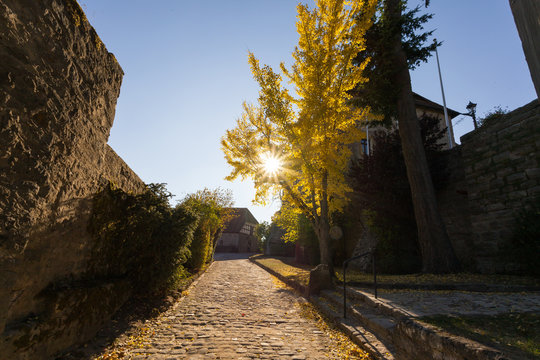 Autumn castle Colmberg on a hill surrounded by yellow leaves and trees, Middle Franconia, Bavaria, Germany. Burg Colmberg.