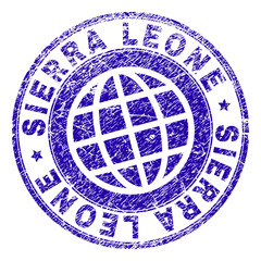 SIERRA LEONE stamp imprint with distress texture. Blue vector rubber seal imprint of SIERRA LEONE title with corroded texture. Seal has words placed by circle and globe symbol.