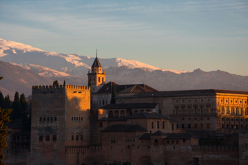 Sunset view of the Alhambra from San Nicolas viewpoint (Mirador de San Nicolas). Granada, Spain