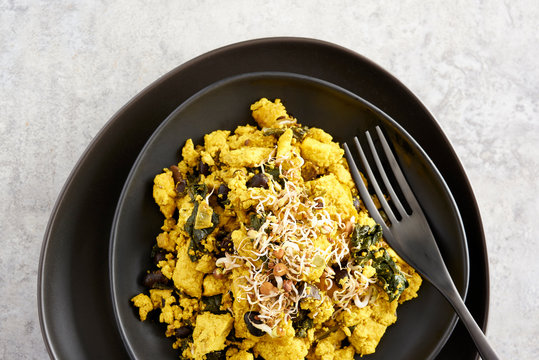 Scrambled Tofu on Black Plate