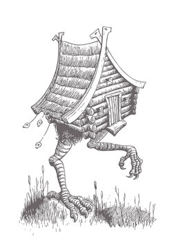 Hut on Chicken Legs Goes through the Swamp. The Character of the Slavic Tales. Vector Illustration in Classic Hand Drawn Ink Technique.