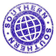 SOUTHERN stamp imprint with grunge effect. Blue vector rubber seal imprint of SOUTHERN label with grunge texture. Seal has words arranged by circle and planet symbol.