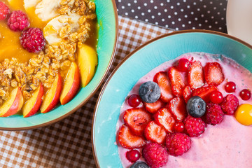 Porridge of muesli with fruit. Fresh fruit in porridge. Muesli with fruits. Muesli with fruit puree.