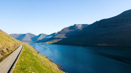 Aerial view of a beautiful fjord in Faroe Islands
