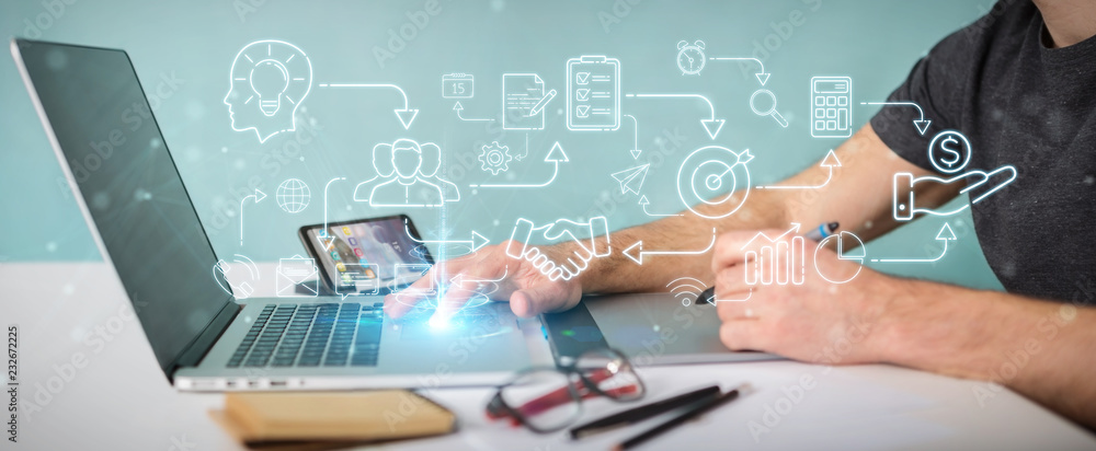 Poster Graphic designer using thin line icon project plan presentation