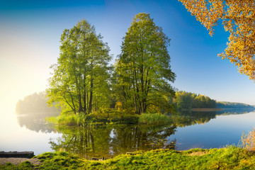 quiet Masurian lake in autumn. Poland.