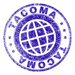 TACOMA stamp imprint with grunge texture. Blue vector rubber seal imprint of TACOMA title with scratched texture. Seal has words placed by circle and planet symbol.