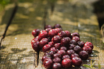 A pile of ripe cherries on a wooden surface