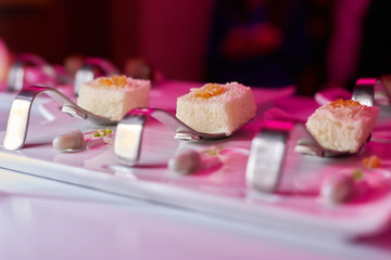 molecular gastronomy elegant white desserts in the spoon