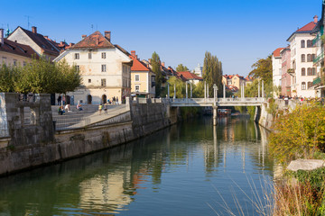 Romantic Ljubljana's city center: river Ljubljanica in autumn, Ljubljana, Slovenia, Europe.