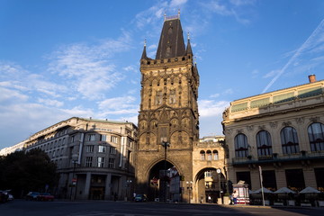 Fototapeta na wymiar The Powder Gate Tower, Royal Route start, Old Town, UNESCO World Heritage Site, Prague, Czech Republic, sunrise sunny day