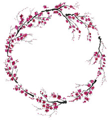  Sakura flowers wreath. Pink and red stylized flowers of plum mei and  wild apricots . Watercolor and ink illustration in style sumi-e, u-sin. Oriental traditional painting.