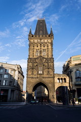 The Powder Gate Tower, Royal Route start, Old Town, UNESCO World Heritage Site, Prague, Czech Republic, sunrise sunny day