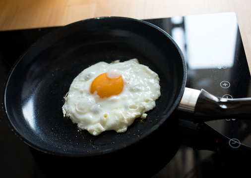 Egg fried on black pan in morning.Food and cooking concepts