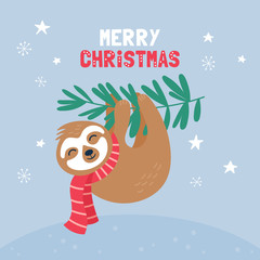 Cute sloth character Christmas card. © girafchik