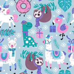 Fototapeta na wymiar Seamless pattern for Christmas holiday with animals.