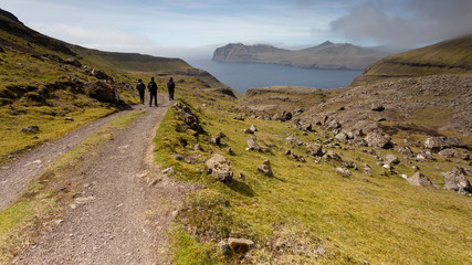 Group of friends exploring the beautiful highlands of Faroe Islands