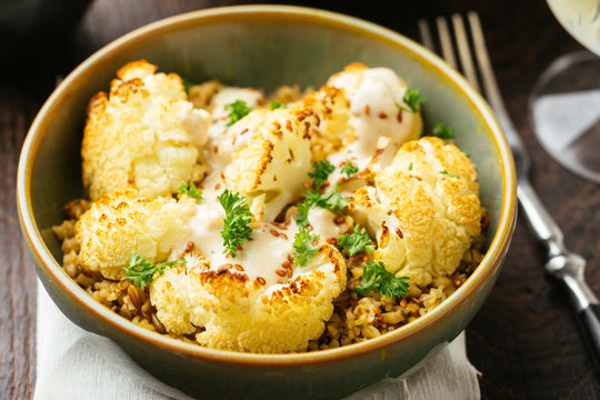 Roasted Cauliflower on Freekeh with Tahini Sauce