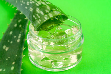 Natural beauty products and plant based clinical treatment concept with macro close up on an aloe vera plant leaf and gel isolated on green background