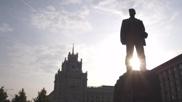 monument to the poet Vladimir Mayakovsky on Triumfalnaya Square in the center of Moscow. Dolly shot