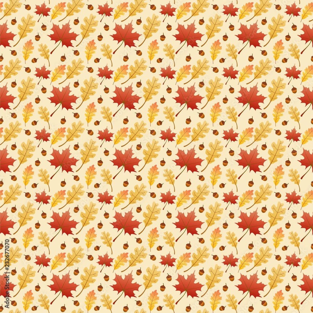 Poster dry maple and oak leaves with acorn seamless pattern