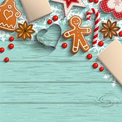 Christmas background with gingerbread, spices and ornaments