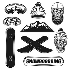 Snowboarding equipment set of vector objects - obrazy, fototapety, plakaty