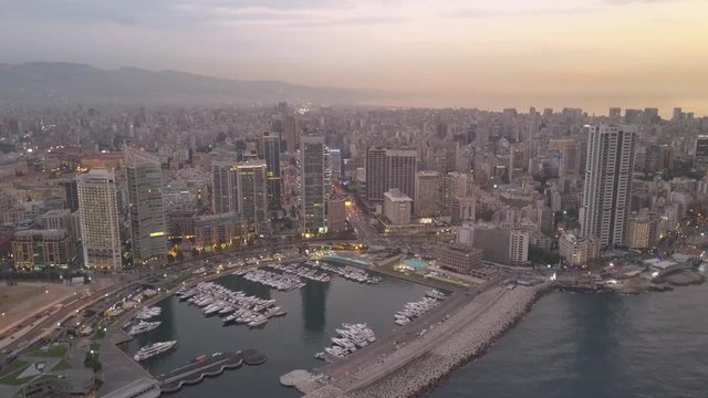 Aerial Panoramic Footage of Beirut, Lebanon, in a beautiful golden hour sunset