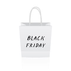 Black Friday hand written lettering on white paper shopping bag. Shopping and sale concept vector illustration. Eco packaging.