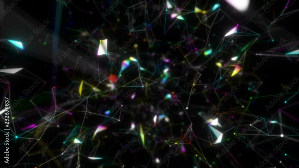 Poster light dispersion.rendered computer generated video abstract moving background. triangles, dots and l