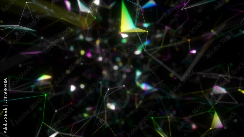 Poster multicolored geometry.abstract background of technology network. animation of rotation and flying ab