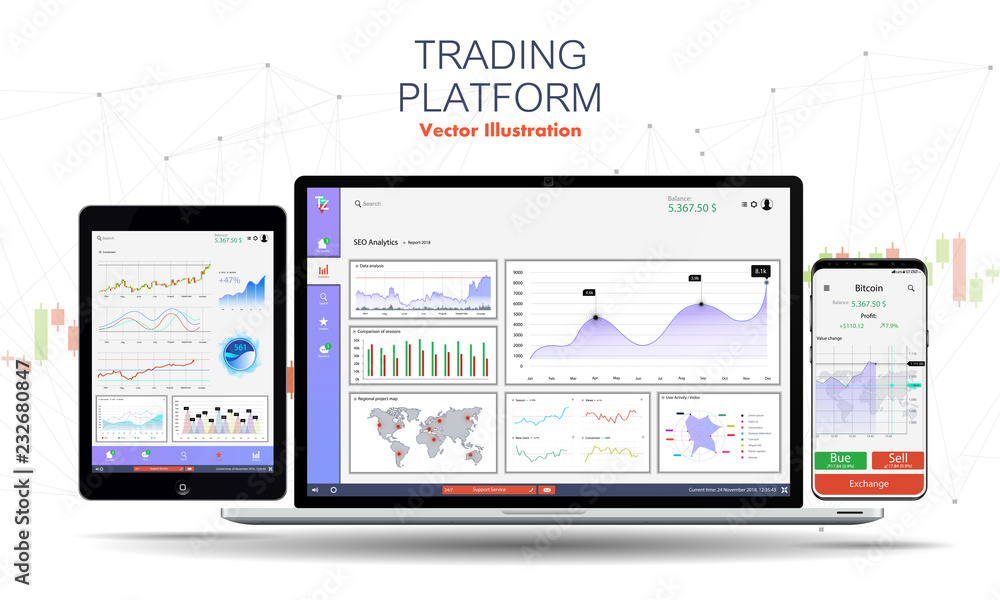 Poster Trade exchange app on phone screen,laptop and tablet. Trading platform web site template. Binary Option. Mobile banking cryptocurrency ui. Online stock trading interface vector. Dashboard UI/UX app