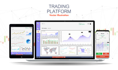Trade exchange app on phone screen,laptop and tablet. Trading platform web site template. Binary Option. Mobile banking cryptocurrency ui. Online stock trading interface vector. Dashboard UI/UX app